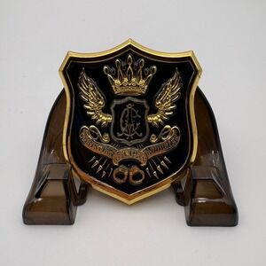 Christian Audigier Belt Buckle Gold‎ Black Shield Wings Crown CZ Est 1958